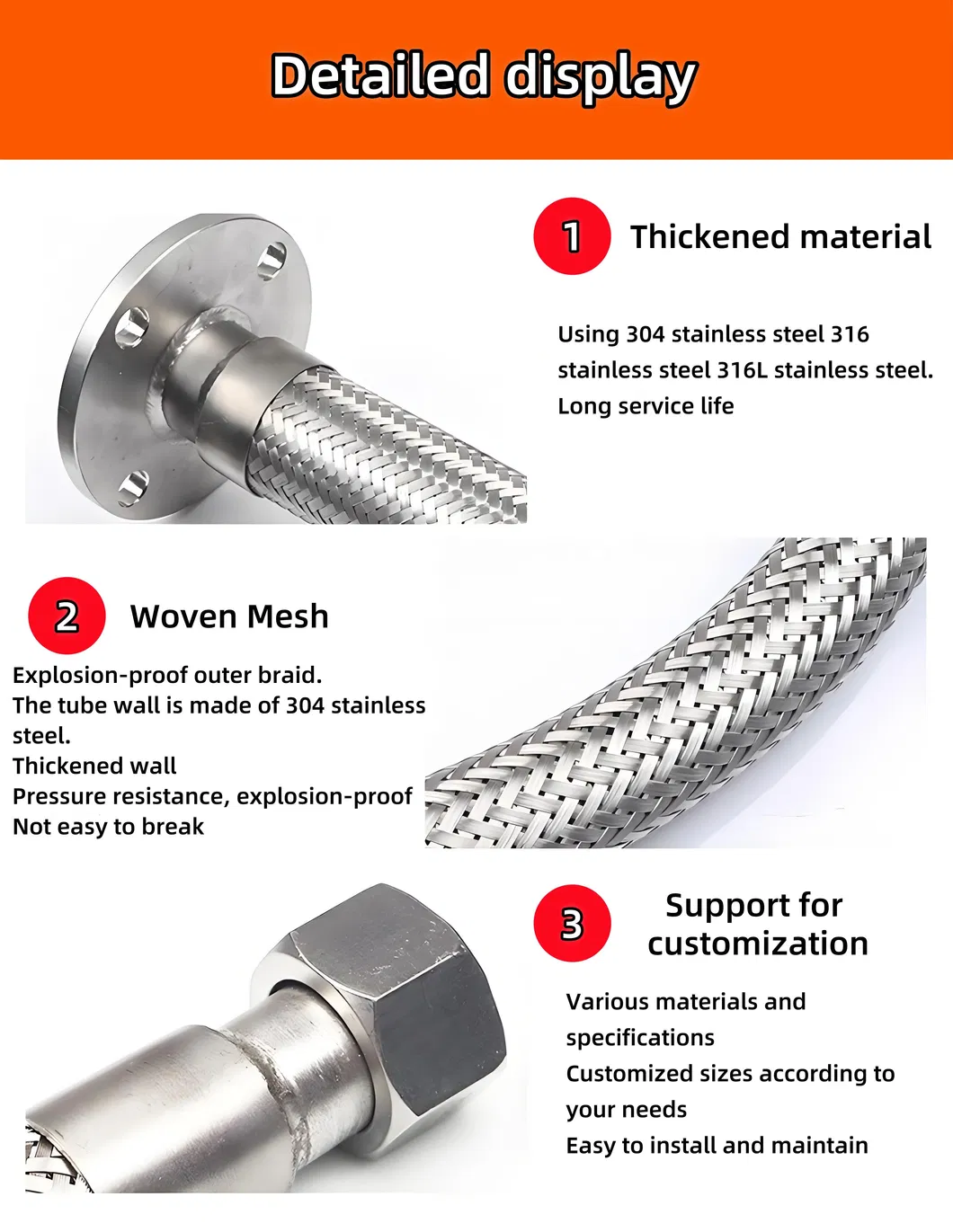DN15 DN25 DN38 Customized Stainless Steel Metal Hose for Gas Pipe with Both End NPT Connector