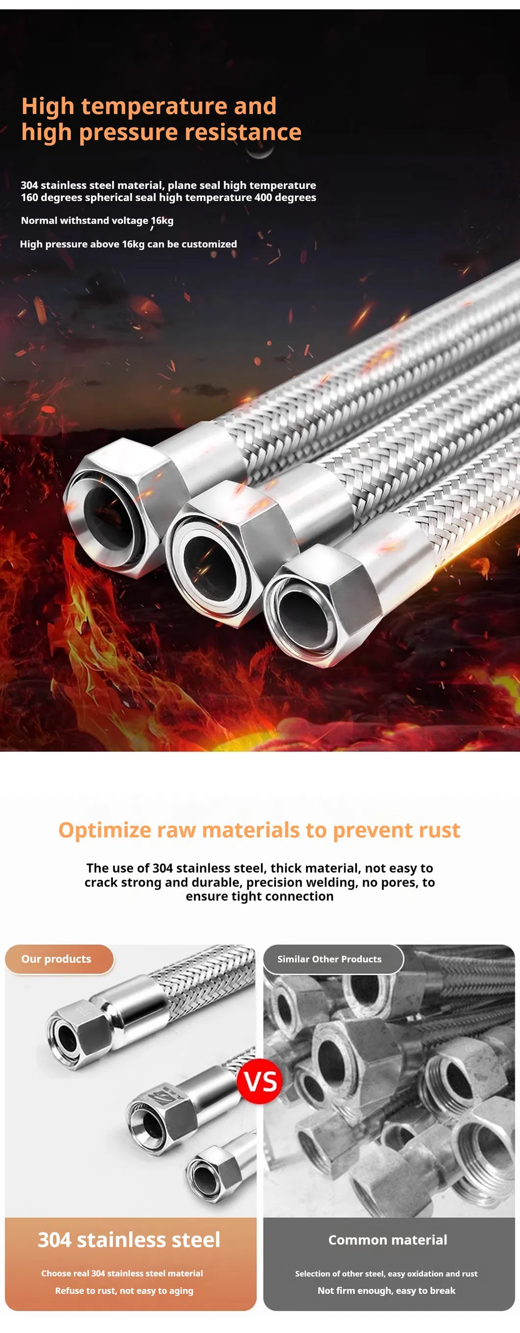 High Pressure Flexible Stainless Steel Metal Hose Corrugated Braided Rubber Hoses